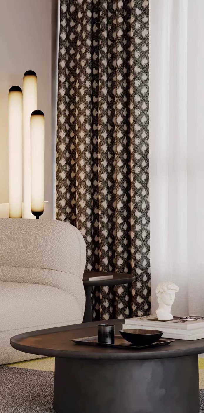 Talloren full-blackout curtain drawn in a dim, lamp-lit interior